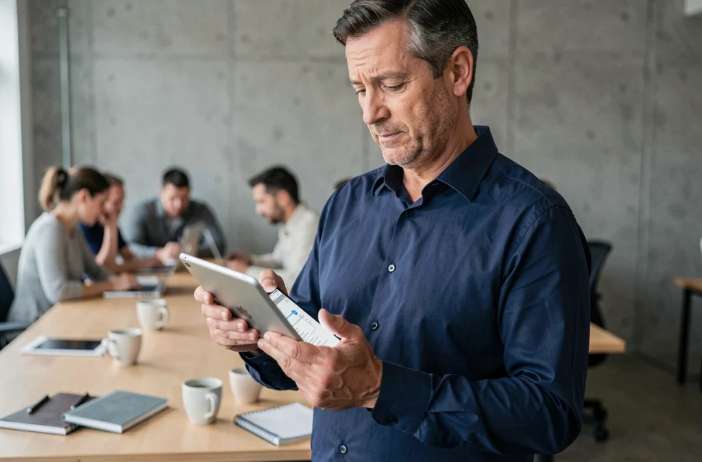 Homme utilisant un plan du site numérique sur tablette dans un espace de coworking moderne