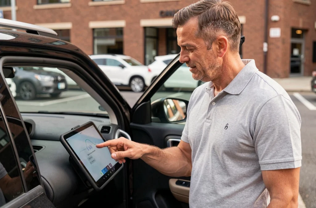 Homme utilisant la tablette tactile intégrée au tableau de bord de la Citroën C3 Aircross
