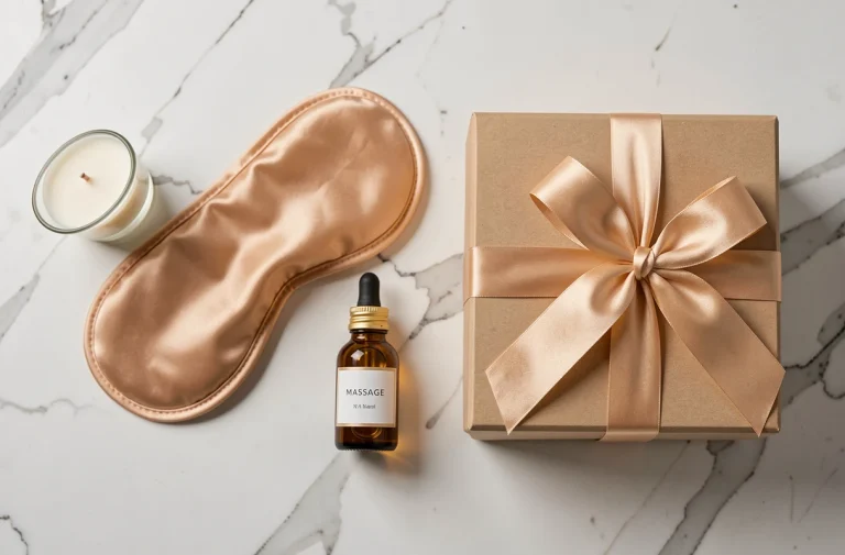 Idées cadeaux adultes tendance : coffret bien-être avec bougie parfumée, masque de nuit en soie et huile de massage sur marbre blanc