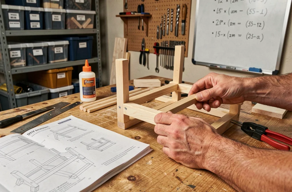 Gros plan sur les mains d'un bricoleur assemblant un meuble en bois avec colle et serre-joints