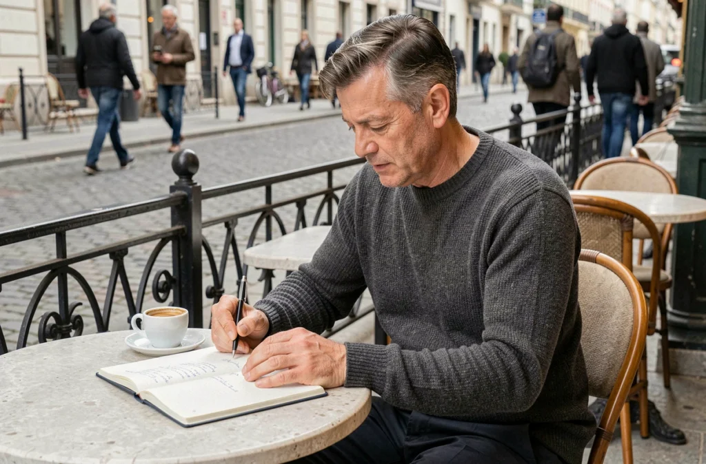 Homme en terrasse de café européen consultant un carnet, illustration du parcours surprenant et créatif du mari de Juliette Plumecocq-Mech