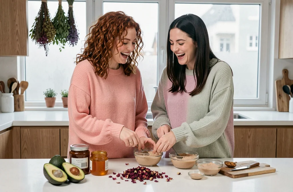 Deux jeunes femmes préparant un masque beauté maison avec des ingrédients naturels dans une cuisine scandinave moderne, routine beauté naturelle et conviviale