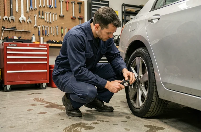 Mécanicien vérifiant la pression des pneus d'une voiture dans un garage bien équipé