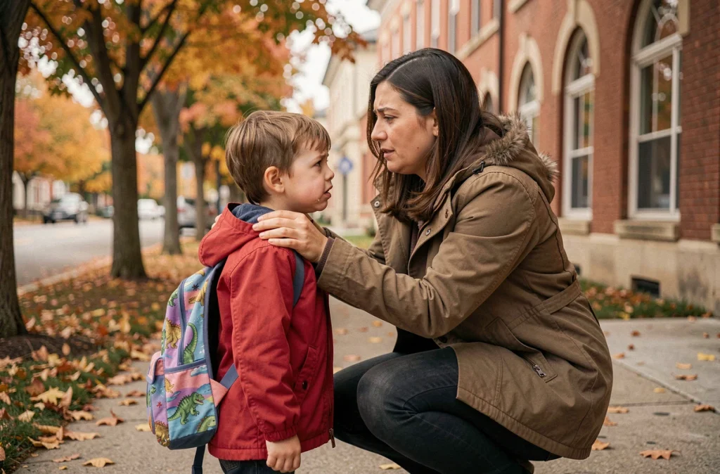 Mère réconfortant son fils anxieux devant l'école en automne, illustrant le soutien parental face à la peur scolaire