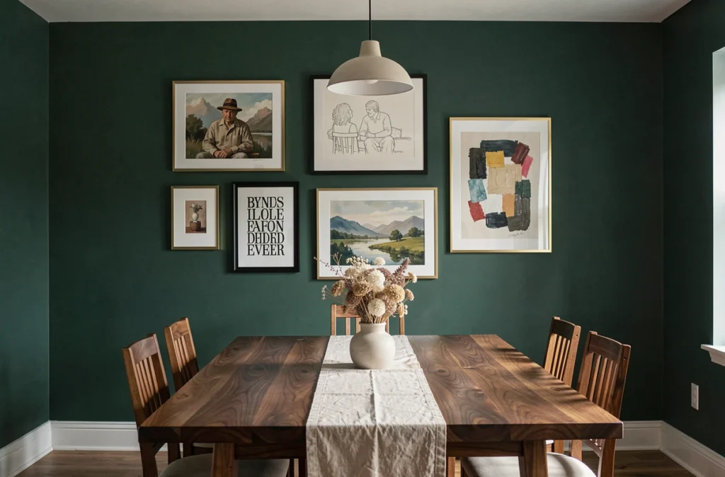 Mur galerie avec cinq œuvres encadrées en laiton dans une salle à manger contemporaine aux murs vert forêt