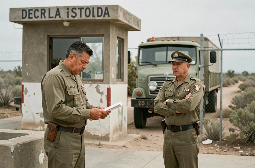 Agents des douanes mexicains inspectant un camion à un poste frontière dans les années 1980