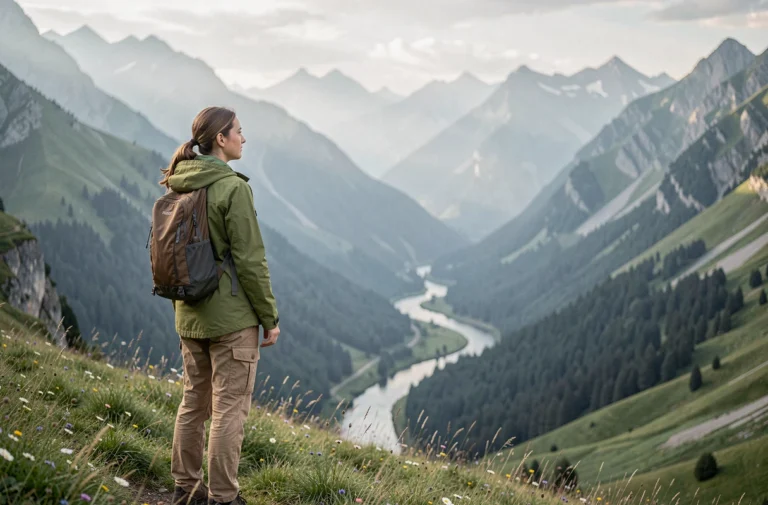 Randonneuse contemplant un panorama de vallée montagneuse lors d'un voyage nature