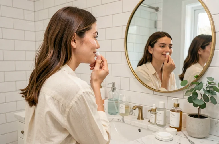 Jeune femme appliquant un sérum sur son visage devant un miroir en laiton dans une salle de bain minimaliste, routine beauté élégante et naturelle