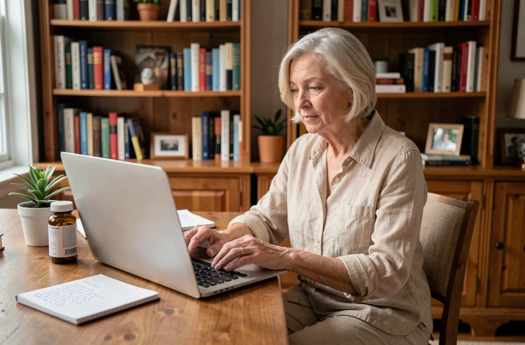 Femme senior consultant des avis forum sur un complément articulaire Orthosamine devant son ordinateur