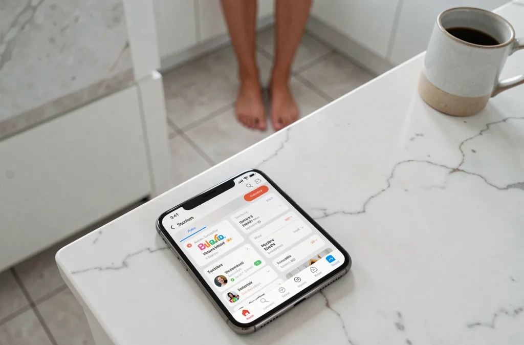 Smartphone posé sur un comptoir en marbre affichant un tableau de bord de plateforme de contenu, avec des pieds nus visibles en arrière-plan flou dans une cuisine moderne