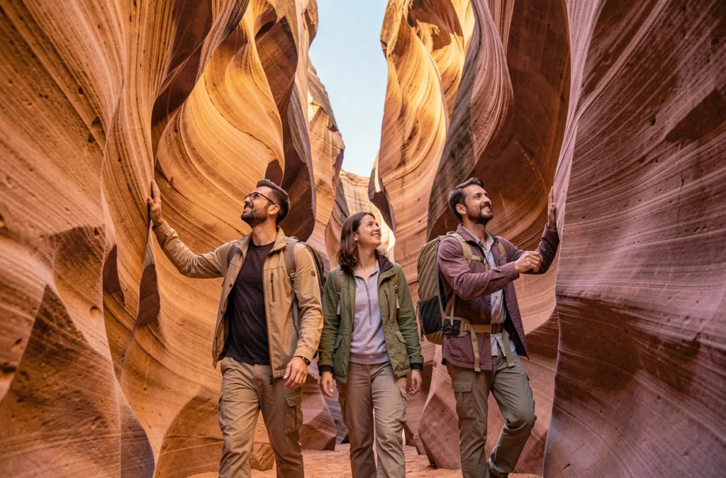 Groupe de voyageurs explorant un canyon de grès aux parois sculptées par l'érosion naturelle