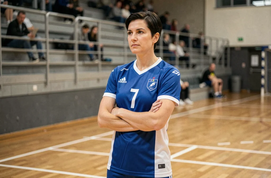 Joueuse de handball professionnelle en tenue bleue et blanche sur un terrain intérieur, posture assurée et regard déterminé