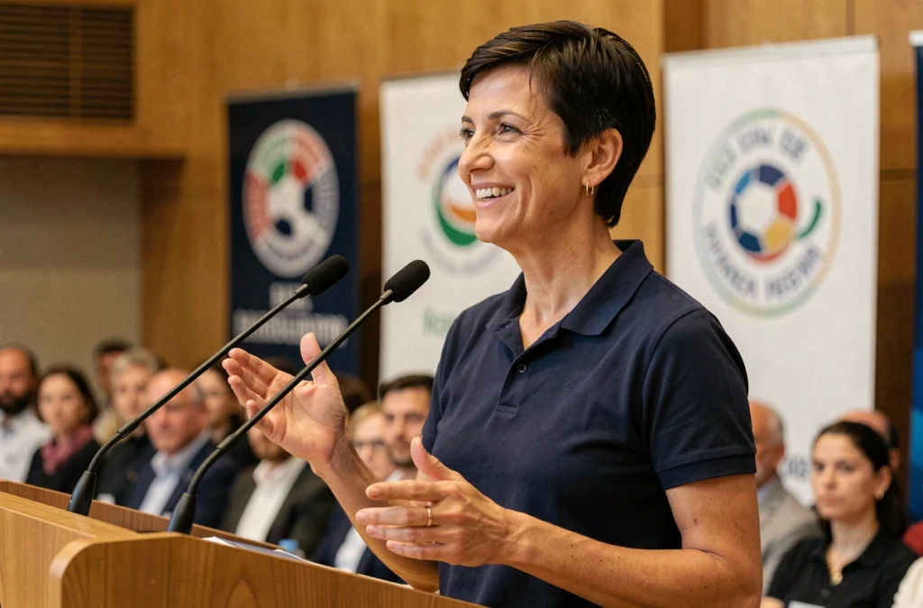 Légende du handball français Annie Brosterhous prenant la parole lors d'une cérémonie sportive officielle avec un sourire chaleureux