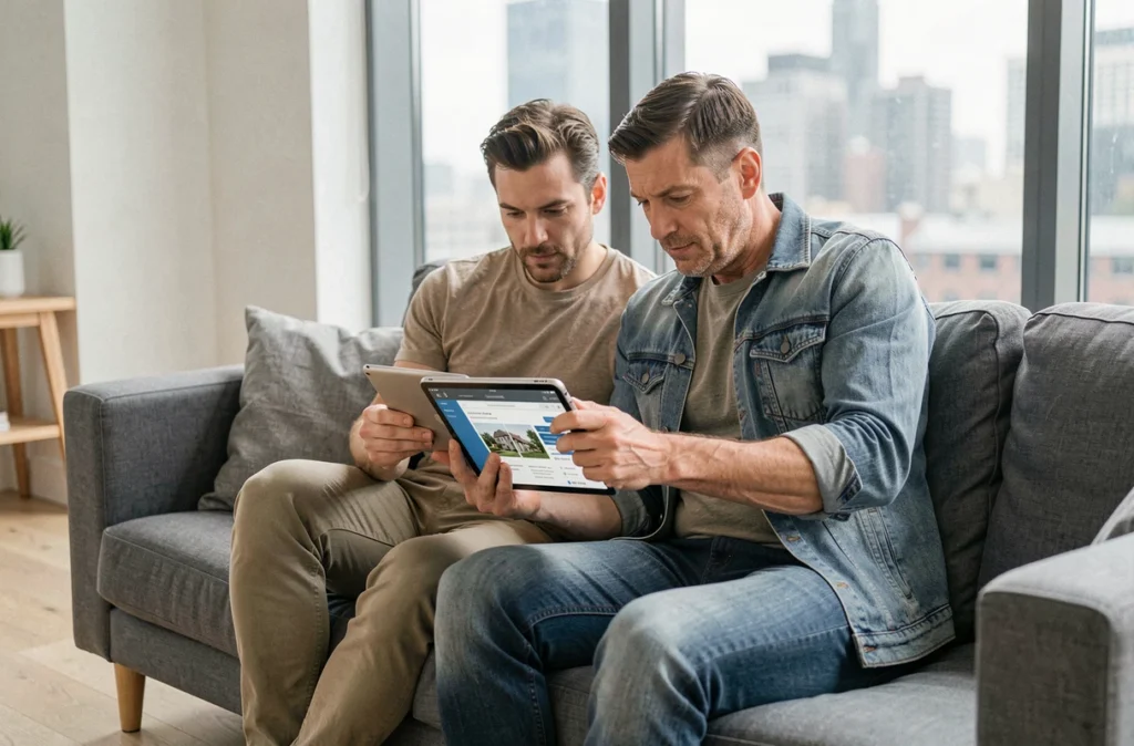 Couple cherchant un bien immobilier en ligne sur une tablette dans un appartement moderne