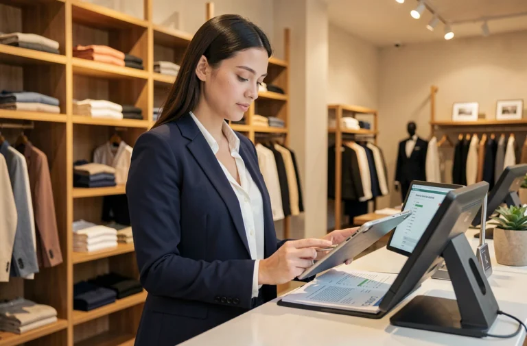 Jeune femme diplômée d'un BTS MCO travaillant comme responsable de rayon dans une boutique de prêt-à-porter moderne