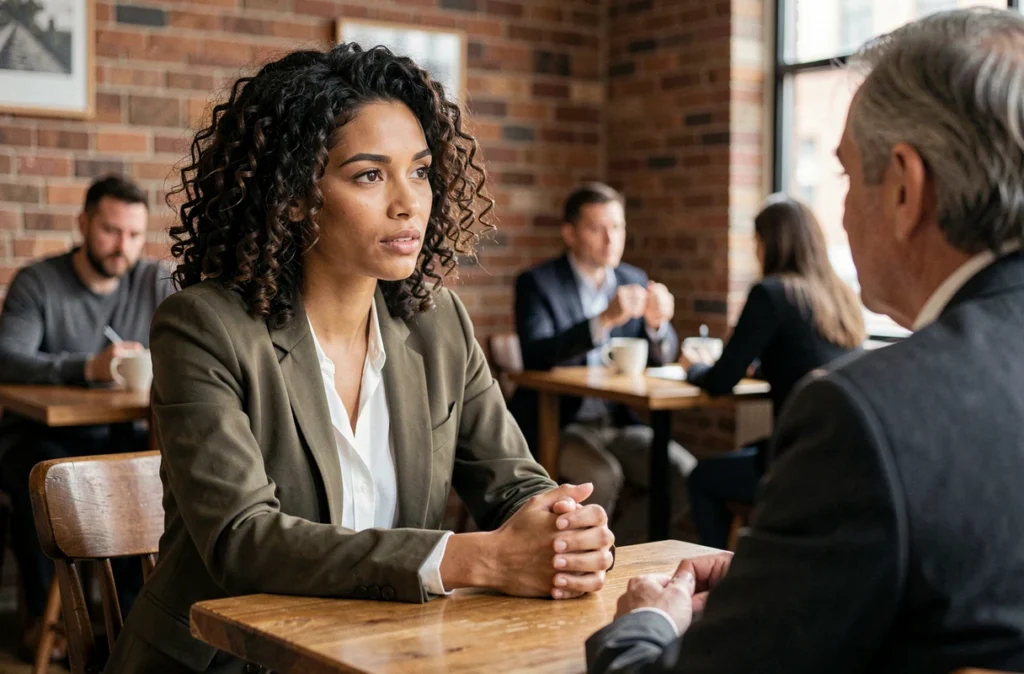 Femme en blazer olive discutant de sa recherche d'emploi avec un mentor dans un café urbain