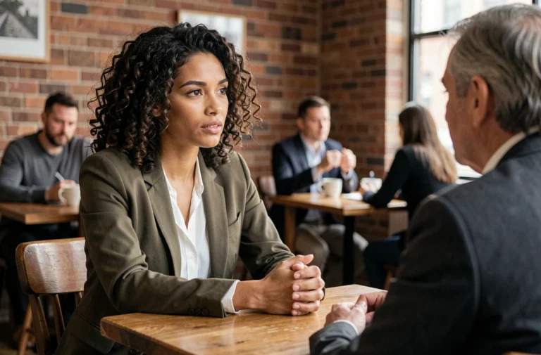 Femme en blazer olive discutant de sa recherche d'emploi avec un mentor dans un café urbain