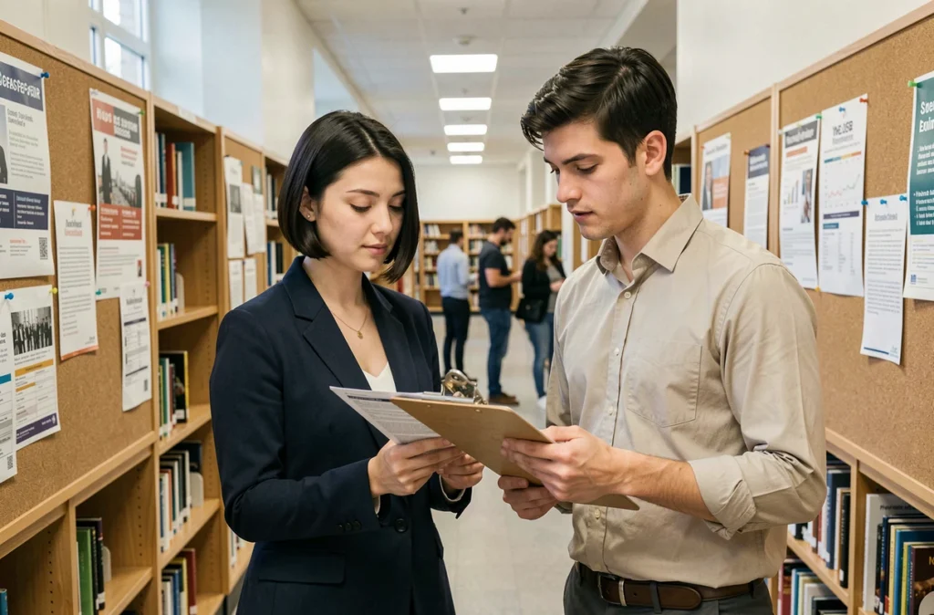 Deux jeunes professionnels collaborant sur leur recherche d'emploi dans une bibliothèque universitaire