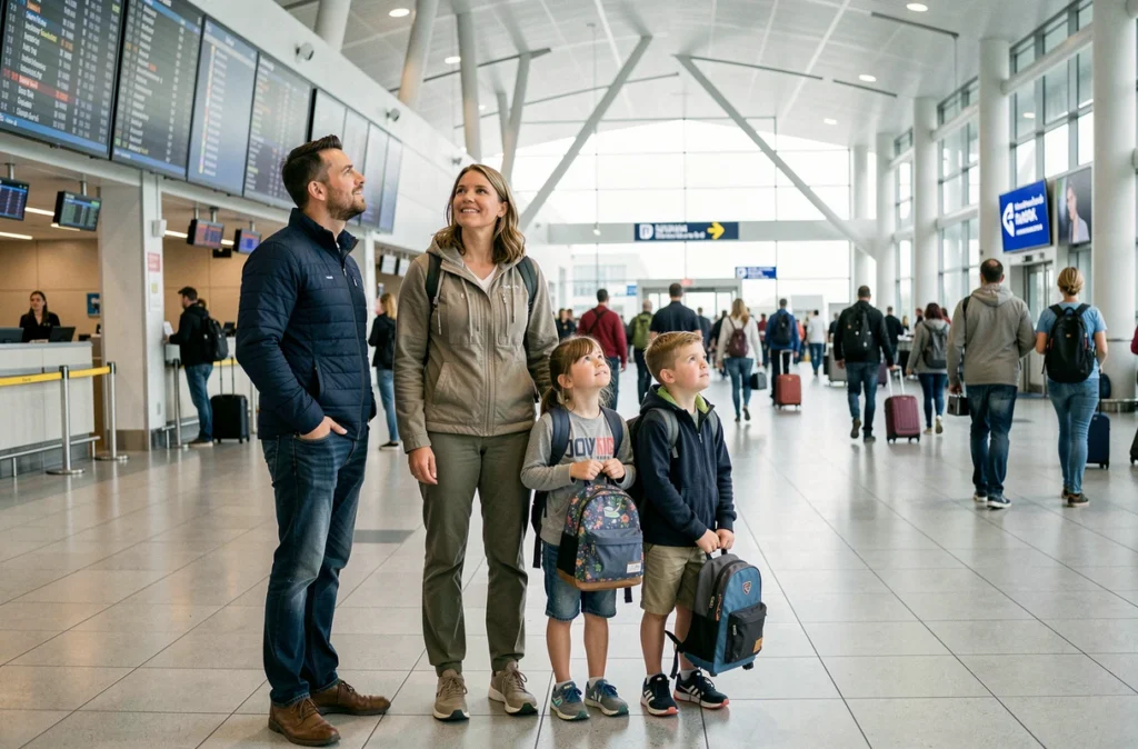 Famille en voyage à l'aéroport profitant d'un pont de jours fériés bien planifié en 2026