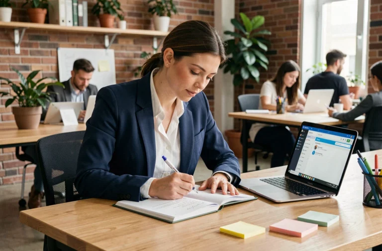 Femme en formation professionnelle prenant des notes dans un espace de coworking moderne pour booster sa recherche d'emploi