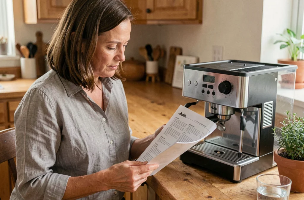Femme consultant le manuel d'utilisation de la Melitta Caffeo Solo E950-222 dans une cuisine chaleureuse