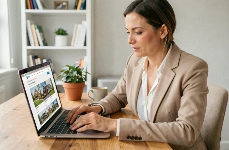 Femme consultant des annonces immobilières en ligne sur un ordinateur portable dans un bureau à domicile