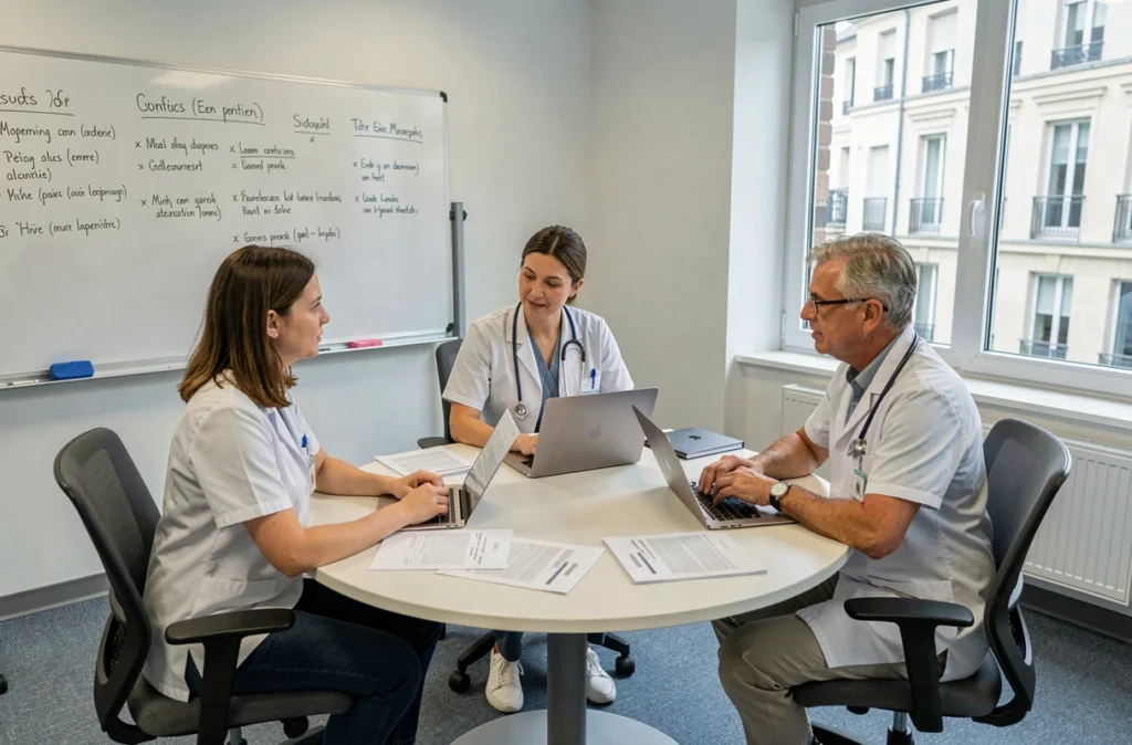 Groupe de professionnels de santé en réunion de formation continue dans un centre médical français autour de documents et d'ordinateurs portables