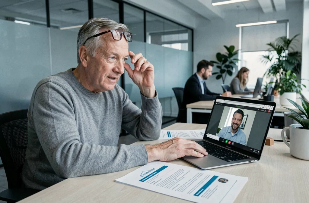 Homme en téléconsultation avec un coach emploi dans un espace de coworking moderne