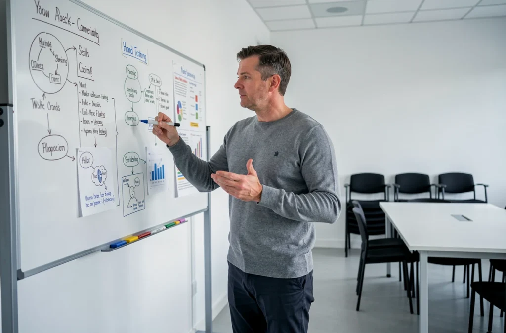 Homme adulte devant un tableau blanc avec des schémas de planification de carrière dans une salle de formation professionnelle