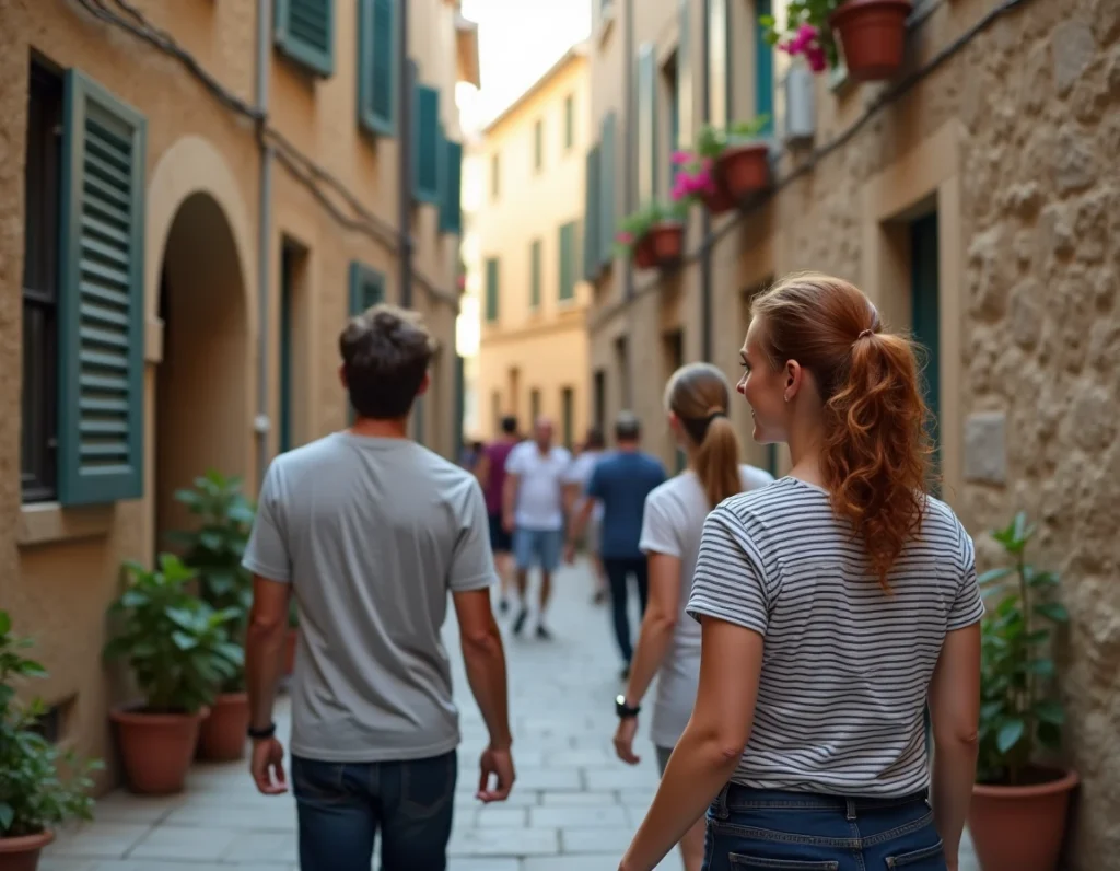 Guide hôte Antic Travel accompagnant des voyageurs dans une ruelle médiévale pittoresque d'un village provençal