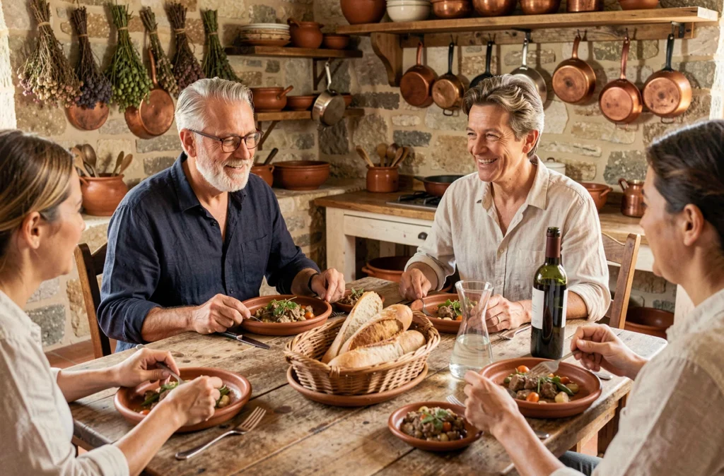 Hôte Antic Travel partageant un repas traditionnel provençal avec ses voyageurs autour d'une table en bois rustique