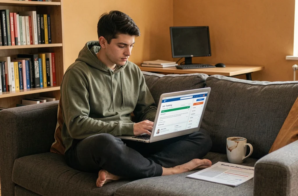Jeune homme cherchant un emploi depuis chez lui en consultant des formations en ligne sur son ordinateur portable