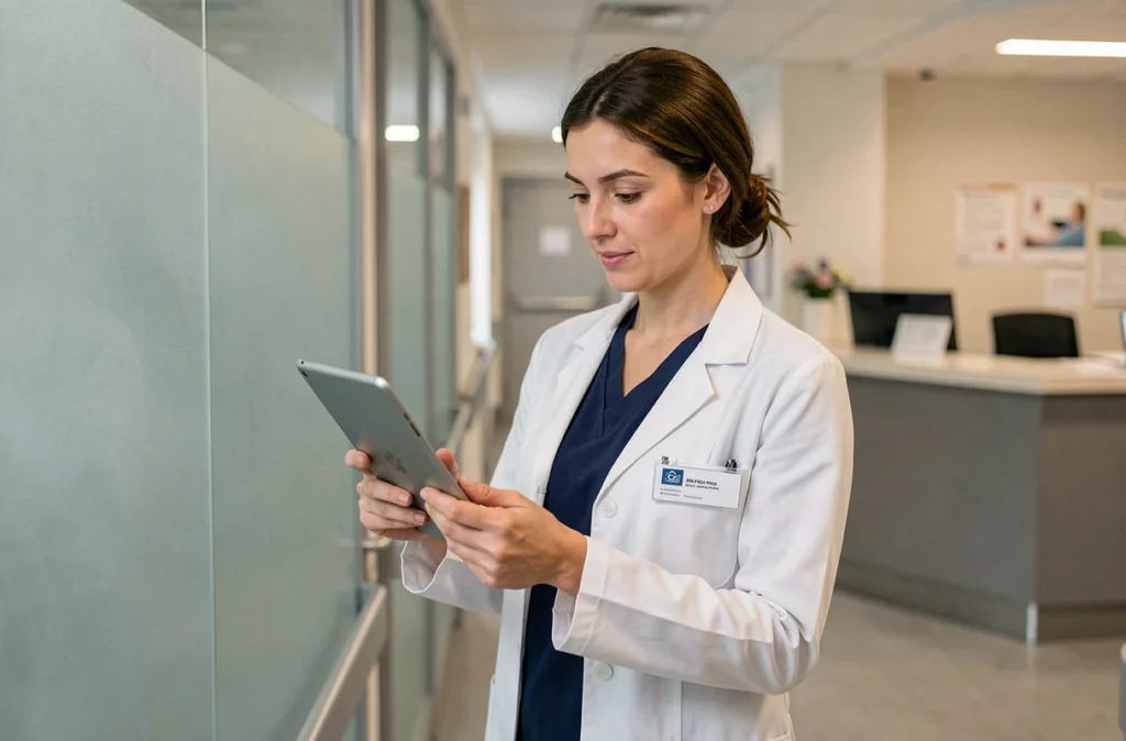 Médecin femme consultant une tablette numérique dans un couloir d'hôpital moderne en France pour accéder aux services professionnels de santé