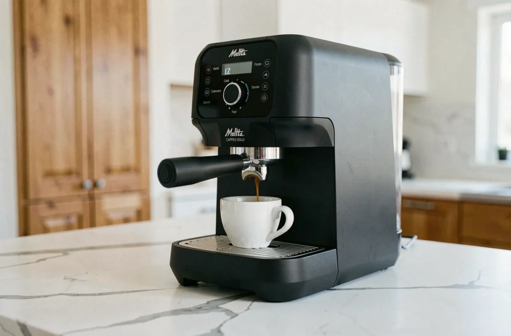 Machine à café automatique Melitta Caffeo Solo E950-222 noire sur un plan de travail en marbre blanc dans une cuisine moderne