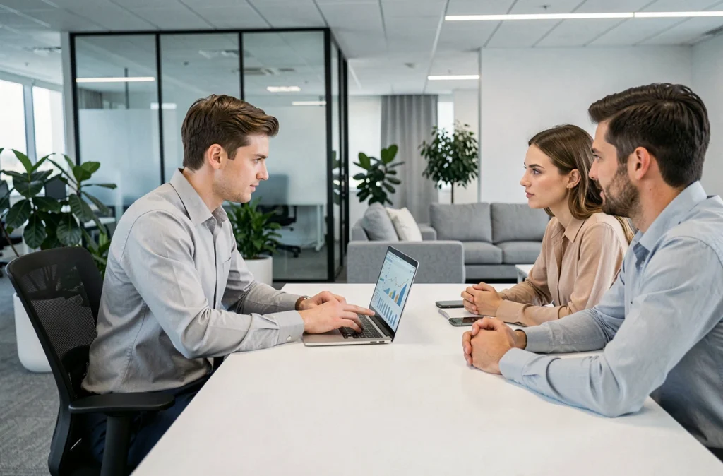 Jeune commercial issu d'un BTS MCO présentant des données de vente à son équipe dans un open space professionnel
