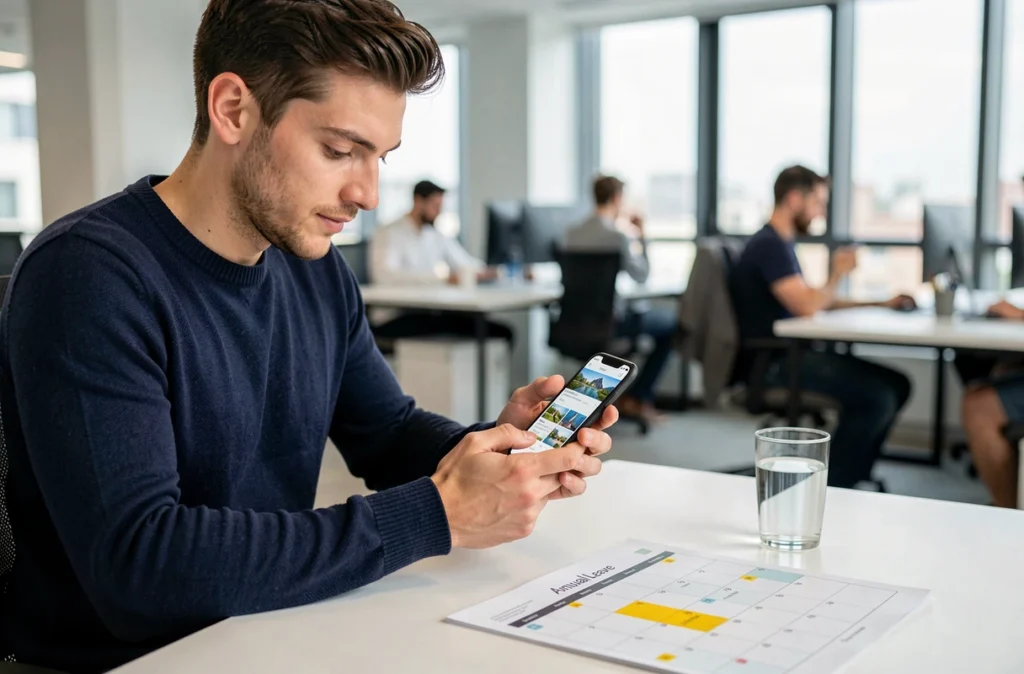 Jeune professionnel optimisant ses congés payés en consultant un calendrier des jours fériés 2026 sur smartphone