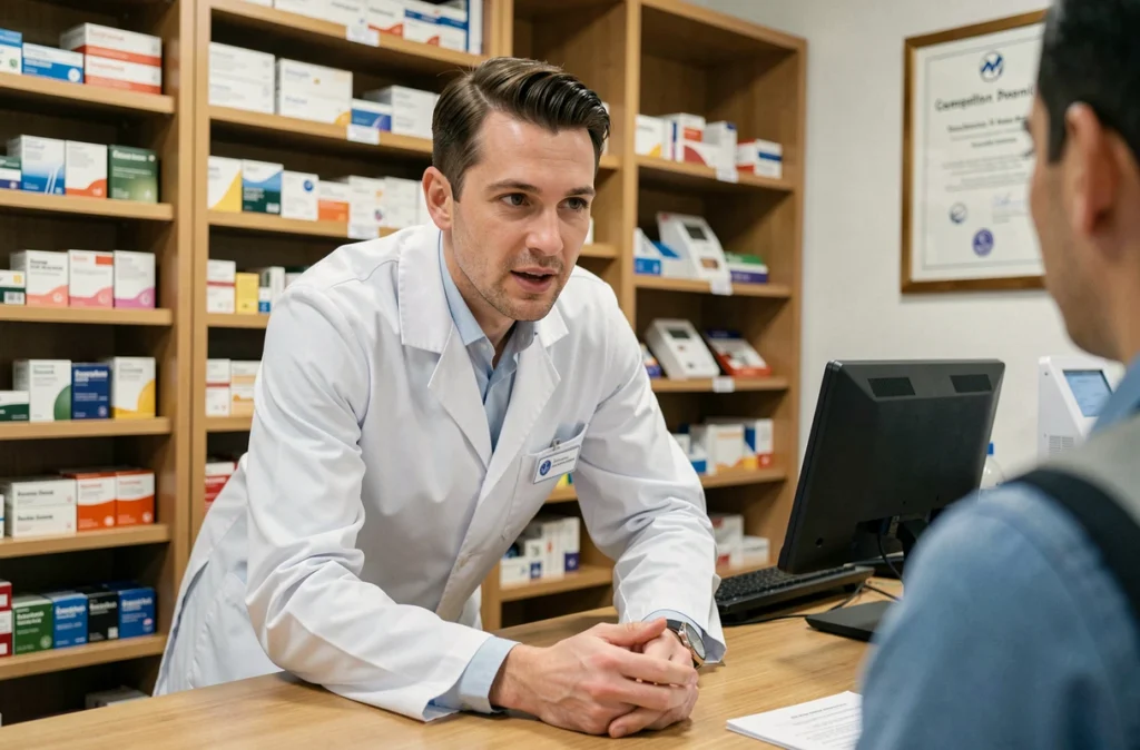 Pharmacien en blouse blanche dans une officine française expliquant un service dédié aux professionnels de santé