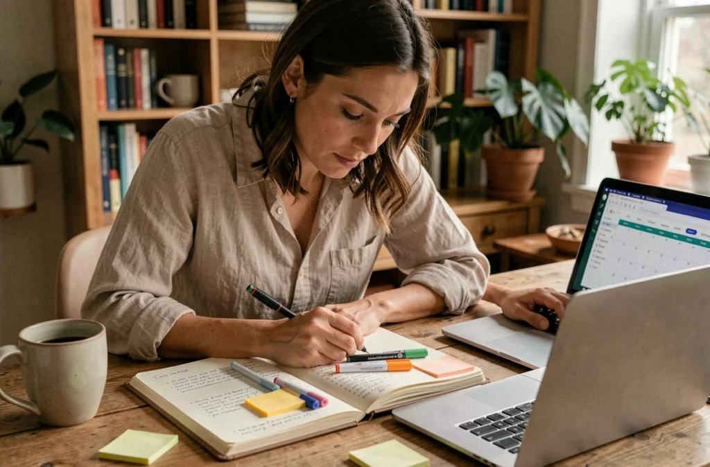 Femme planifiant ses congés 2026 avec un agenda papier et un calendrier numérique sur ordinateur portable