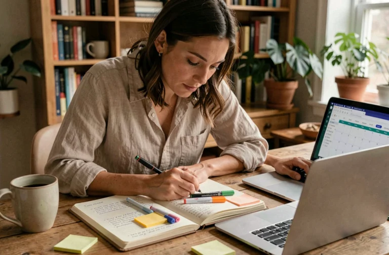 Femme planifiant ses congés 2026 avec un agenda papier et un calendrier numérique sur ordinateur portable