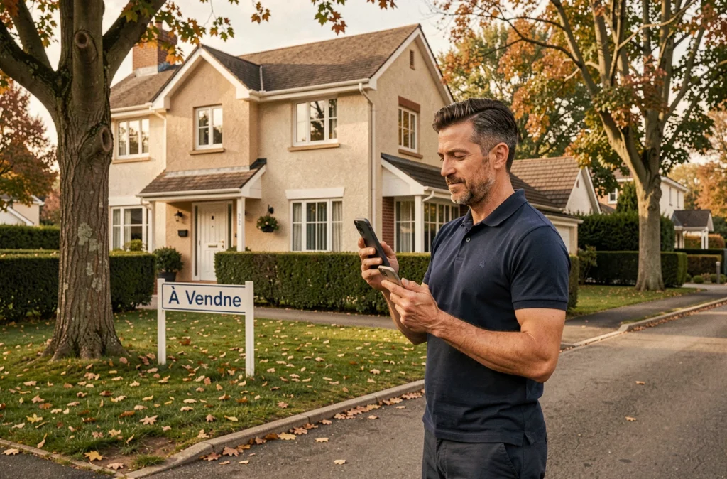 Propriétaire vendant sa maison en ligne avec un smartphone devant une maison à vendre en banlieue