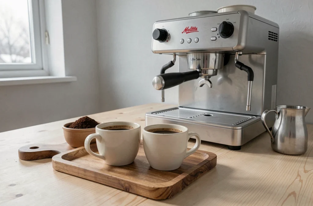 Deux tasses d'expresso servies devant la machine Melitta Caffeo Solo E950-222 dans une cuisine scandinave minimaliste